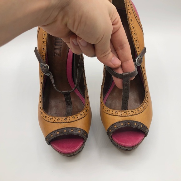 Schutz Tan Pink Leather Mary Jane T-Strap Peep Toe Stiletto Heels Women’s Size 6 - Picture 3 of 12